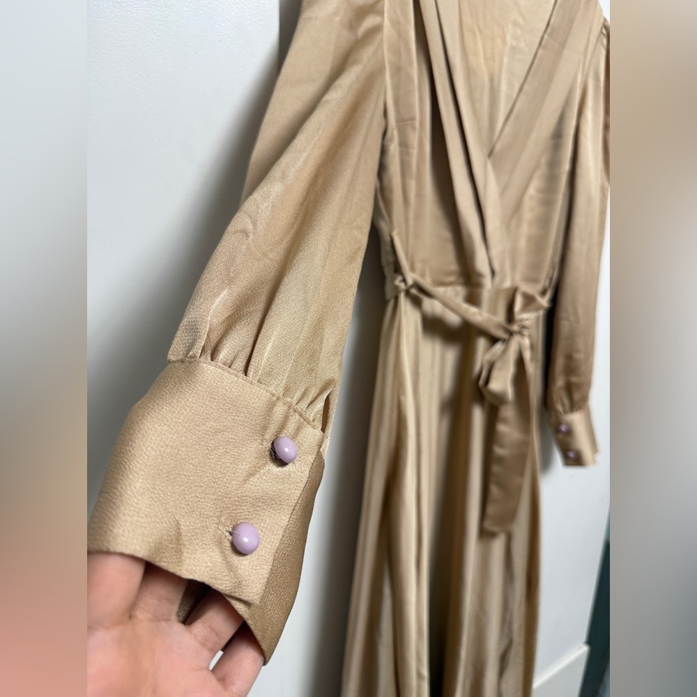 Long Sleeve Tie-Waist Maxi Dress in light Camel beige Size 12 A-line - Picture 4 of 9